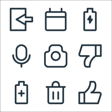 kullanıcı arayüzü satır simgeleri. Doğrusal küme. Çöp, pil, nefret, kamera, müzik, pil, takvim gibi kalite vektör dizileri