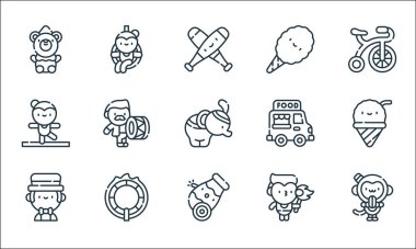 Sirk çizgisi simgeleri. Doğrusal küme. Maymun, top, şovmen, ateş yutan adam, ateş çemberi, akrobat, yemek kamyonu, pamuk helva, trapez sanatçısı gibi kalite vektör dizileri