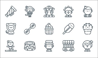 Sirk çizgisi simgeleri. Doğrusal küme. Palyaço, şovmen, akrobat, hapishane, platform, aslan, mısırcı, hokkabaz, maymun gibi kalite vektör çizgisi