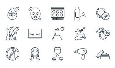 Güzellik kozmetik çizgisi simgeleri. Doğrusal küme. Cilt bakımı, kirpik bigudisi, alkol yok, saç kurutma makinesi yok, cilt bakımı, güzellik, organik ürün, toner, yüz maskesi