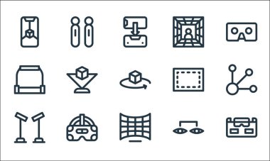 Sanal gerçeklik çizgisi simgeleri. Doğrusal küme. VR gözlük, görüntü, sensörler, bağlantı, vr gözlük, platform, vr, sanal gerçeklik gibi kalite vektör çizgisi kümesi