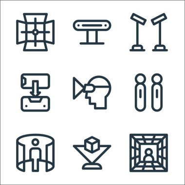 Sanal gerçeklik çizgisi simgeleri. Doğrusal küme. Sanal gerçeklik, d hologram, görüntü, hareket, vr gözlük, vr, sensör, vr kamera gibi kalite vektör çizgisi kümesi