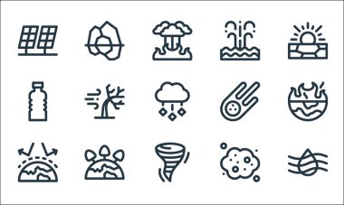 İklim değişikliği çizgisi simgeleri. Doğrusal küme. Nem, kasırga, ev efekti, bulut, gezegen, plastik, göktaşı, patlama, buzdağı gibi kalite vektör çizgisi kümesi