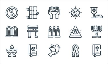 ruhani çizgi simgeleri. Doğrusal küme. İncil, güvercin, mum, dua, Kuran, emir, Tanrı, göz, bambu gibi kalite vektör dizileri