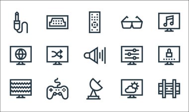 Televizyon dizisi simgeleri. Doğrusal küme. Kaliteli vektör çizgisi seti: duvar parantezi, uydu, televizyon, oyun alanı, dünya, ayarlama, d gözlüğü, hdmi port