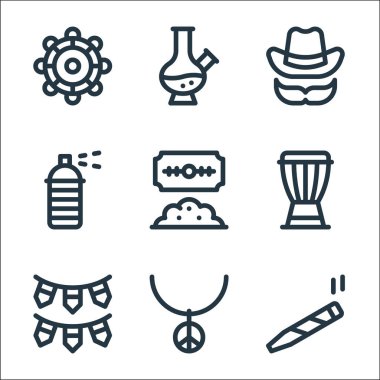 reggae çizgisi simgeleri. Doğrusal küme. Sigara, kolye, çelenk, djembe, kokain, sprey boya, şapka, bong gibi kalite vektör dizileri