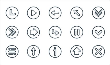 Ok çizgisi simgeleri. Doğrusal küme. Çapraz, yaklaşık, menü, yukarı ok, yukarı ok, sağ, duraklat, üst sol, oynat gibi kalite vektör çizgisi