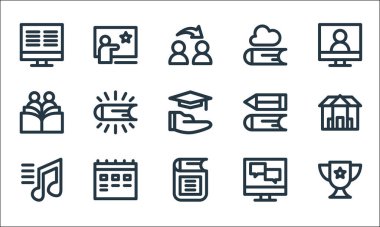 düz eğitim ve bilgi çizgisi simgeleri. Doğrusal küme. Ödül, kitap, müzik, çevrimiçi sohbet, zaman çizelgesi, grup sınıfı, kalem, bulut kitaplığı gibi kalite vektör dizileri,