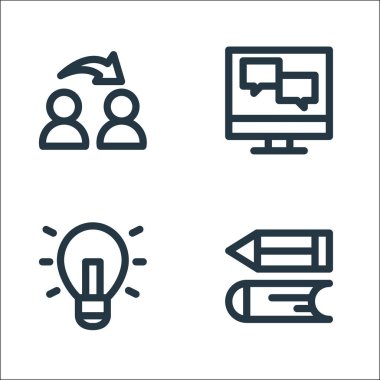 düz eğitim ve bilgi çizgisi simgeleri. Doğrusal küme. Kalem, fikir, online sohbet gibi kalite vektör satırı kümesi