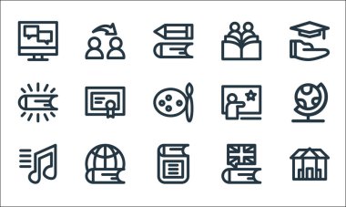 düz eğitim ve bilgi çizgisi simgeleri. Doğrusal küme. Üniversite, kitap, müzik, dil, bilgi, grup sınıfı gibi kalite vektör satırı kümesi,