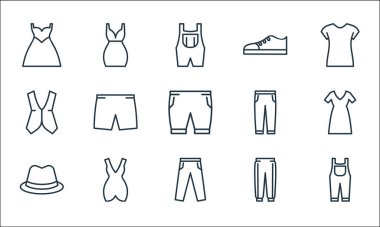 Gardırop çizgisi simgeleri. Doğrusal küme. Pantolon, pantolon, fötr şapka, pantolon, kısa elbise, yelek, pantolon, ayakkabı, kısa elbise gibi kalite vektör dizileri