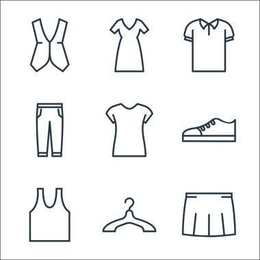 Gardırop çizgisi simgeleri. Doğrusal küme. Etek, askılık, kolsuz gömlek, ayakkabı, tişört, pantolon, polo gömlek, uzun elbise gibi kalite vektör çizgisi setleri