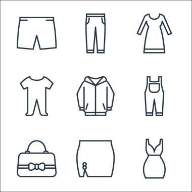 Gardırop çizgisi simgeleri. Doğrusal küme. Kısa elbise, kadın eteği, el çantası, pantolon askısı, kapüşon, bebek bezi, uzun elbise, pantolon gibi kalite vektör çizgisi