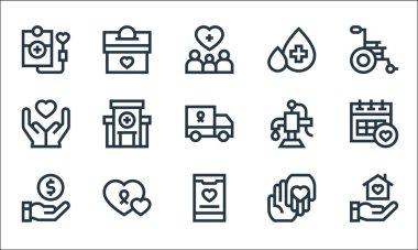 Yardım hattı simgeleri. Doğrusal küme. Sığınma, uygulama, bağış, hayır kurumu, hayır kurumu, su pompası, kan damlası, bağış gibi kalite vektör dizileri