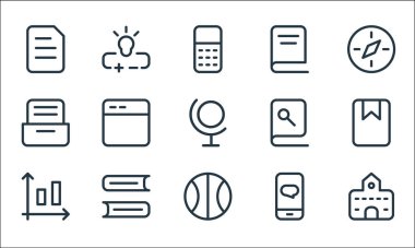 Okul eğitim çizgisi simgeleri. Doğrusal küme. İnşa, top, bar çizelgesi, sohbet, kitap, dolap, kitap gibi kalite vektör çizgisi,