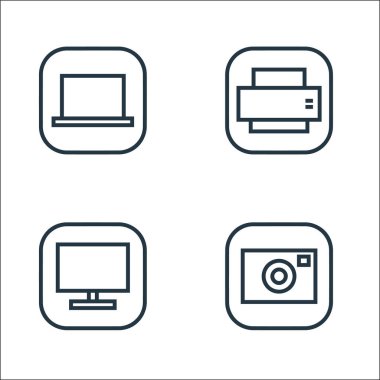 Donanım ve alet hattı simgeleri. Doğrusal küme. Kamera, TV monitörü, yazıcı gibi kalite vektör çizgisi