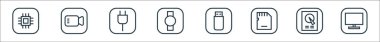 Donanım ve alet hattı simgeleri. Doğrusal küme. TV monitörü, sabit disk, usb sürücüsü, iwatch, güç kablosu, video kamera gibi kalite vektör dizileri