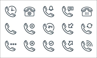 Telefon hattı simgeleri. Doğrusal küme. Arama, telefon, telefon, çağrı, gelen arama gibi kalite vektör satırı,