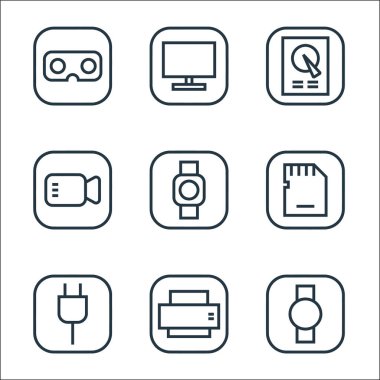 Donanım ve alet hattı simgeleri. Doğrusal küme. iwatch, printer, power cord, smart watch, video camera, hard disk, tv monitörü gibi kalite vektör dizileri