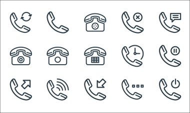 Telefon hattı simgeleri. Doğrusal küme. Telefon, gelen arama, arama, arama, arama gibi kalite vektör çizgisi,