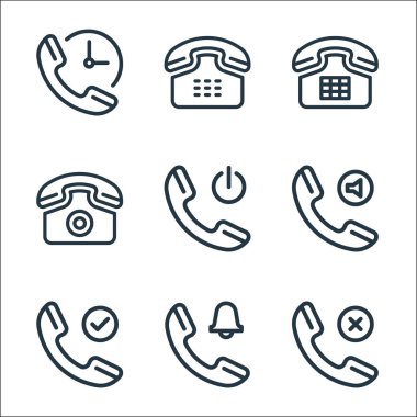 çizgi simgeleri. Doğrusal küme. Telefon, telefon, telefon gibi kalite vektör satırı,