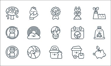 Toprak Ana çizgi simgeleri. Doğrusal küme. Enerji, kağıt geri dönüşümü, plastik, plastik, toprak, plastik, enerji, gül gibi kalite vektör çizgisi