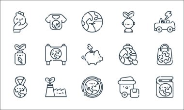 Toprak Ana çizgi simgeleri. Doğrusal küme. Ekoloji kitabı gibi kalite vektör dizileri, gezegeni kurtarmak, madalya, plastik, eko fabrikası, eko pil, hasta, düşün, t-shirt