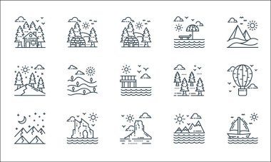 Doğa ve peyzaj çizgisi simgeleri. Doğrusal küme. Gemi, manzara, dağlar, dağlar, ada, vadi, orman, sahil, köy gibi kalite vektör çizgisi