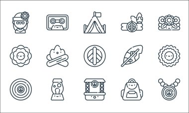 Hippi çizgisi simgeleri. Doğrusal küme. Barış, konser, vinil, sırt çantası, lav lambası, çiçek, tüy, saç bandı, kaset gibi kalite vektör dizileri