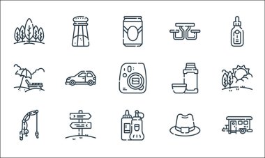 piknik çizgisi simgeleri. Doğrusal küme. Kabin, ketçap, balıkçı makarası, şapka, güneş banyosu, sıcak içecek, kamp masası, tuz gibi kalite vektör dizileri