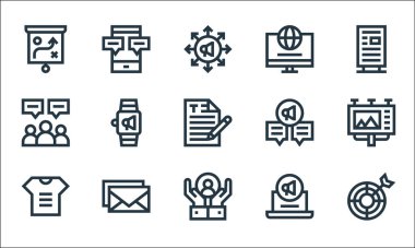 Reklam çizgisi simgeleri. Doğrusal küme. Hedef, müşteri hizmetleri, t-shirt, dijital pazarlama, e-posta, kullanıcılar, sohbet, internet, mobil sohbet gibi kalite vektör dizileri