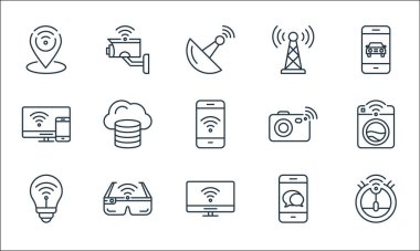 Nesnelerin internet bağlantısı simgeleri. Doğrusal küme. Robot elektrik süpürgesi, akıllı televizyon, akıllı ampul, akıllı telefon, akıllı gözlük, televizyon, kamera, anten, kapalı devre kamera gibi kalite vektör dizileri