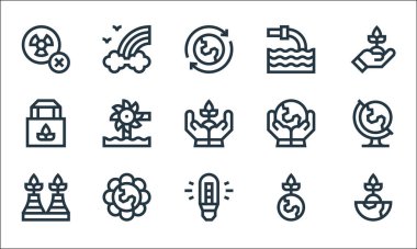 Toprak Ana çizgi simgeleri. Doğrusal küme. Kaliteli vektör çizgisi, dünyayı kurtarma, liderlik, eko fabrikası, Toprak Ana Günü, çiçek, eko çanta, gezegeni kurtarma, kirlilik, gökkuşağı