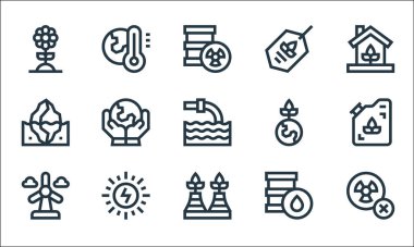 Toprak Ana çizgi simgeleri. Doğrusal küme. Nükleer, eko fabrikası, rüzgar enerjisi, petrol varili, güneş enerjisi, buzdağı, Dünya Ana Günü, eko etiket, küresel ısınma gibi kalite vektör çizgisi yok.