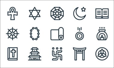 ruhani çizgi simgeleri. Doğrusal küme. Kutsal üçleme, İncil, Şinto, Pagoda, Budizm, bağış, İslam, Yahudilik gibi kalite vektör çizgisi
