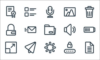 Evet çizgi simgeleri. Doğrusal küme. Dosya, yükleme, tam ekran, parola, kağıt düzlem, asma kilit, ses, resim, liste gibi kalite vektör dizisi