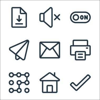 Evet çizgi simgeleri. Doğrusal küme. işaretli, ev, kilidi aç, yazıcı, posta, kağıt uçak, anahtar, ses gibi kalite vektör dizisi