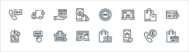 Çevrimiçi alışveriş hattı simgeleri. Doğrusal küme. Kaliteli vektör dizisi örneğin alışveriş çantası, akıllı telefon, alışveriş çantası, etiket, çanta, el, yeni, teslimat arabası