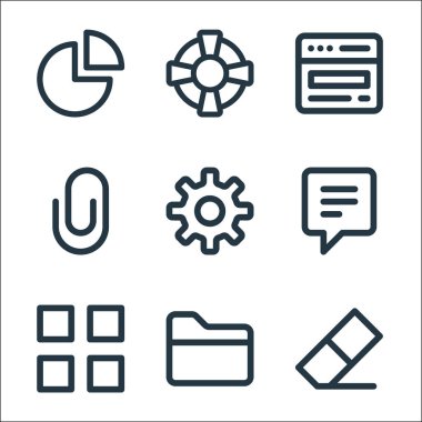 kullanıcı arayüzü satır simgeleri. Doğrusal küme. Silgi, dizin, uygulamalar, sohbet, ayarlar, ataç, web tarayıcı, destek gibi kalite vektör dizileri