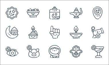 Ramazan çizgi simgeleri. Doğrusal küme. Alkol, müslüman, kapalı gözler, hamsa, yemek yok, müslüman, mum, gaz lambası, fındık gibi kalite vektör çizgisi