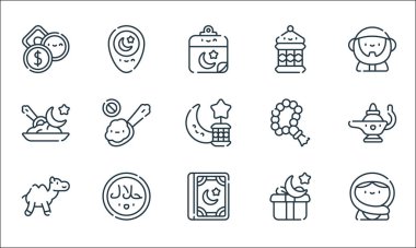 Ramazan çizgi simgeleri. Doğrusal küme. Müslüman, Kuran, deve, hediye, helal, ramazan, tasbih, fener, konum gibi kalite vektör dizileri