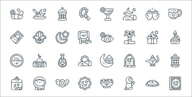 Ramazan çizgi simgeleri. Doğrusal küme. Kaliteli vektör çizgisi: Kur 'an, namaz, el hizb, takvim, yağ lambası, oud, yağ lambası, kapalı gözler, hamsa