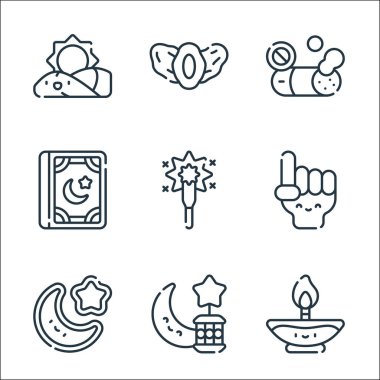 Ramazan çizgi simgeleri. Doğrusal küme. Mum, ramazan, müslüman, sayma, maytap, Kuran, sigara içilmeyen, hurma gibi kalite vektör dizileri