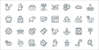 Ramazan çizgi simgeleri. Doğrusal küme. Tasbih, çaydanlık, yeme zamanı, kapalı gözler, Kur 'an, müslüman, yemek yok, kabe, pencere gibi kalite vektör dizileri