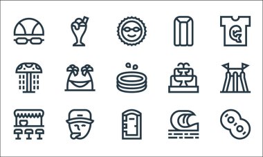 Su parkı çizgisi simgeleri. Doğrusal küme. Kauçuk halka, taşınabilir tuvalet, bar, dalga, cankurtaran, duş, çeşme, şilte, dondurma kupası gibi kalite vektör dizileri