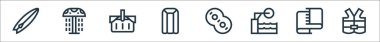 Su parkı çizgisi simgeleri. Doğrusal küme. Can yeleği, havlu, sıçrama tahtası, lastik halka, yatak, piknik sepeti, duş gibi kalite vektör dizileri
