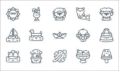 Yaz çizgisi simgeleri. Doğrusal küme. Karpuz, yaprak, ada, dondurma, sahil barı, yelkenli, kolye, denizkızı, içecek gibi kalite vektör dizileri