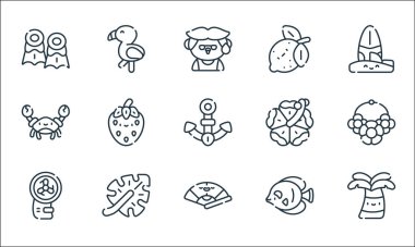 Yaz çizgisi simgeleri. Doğrusal küme. Palmiye ağacı, fan, fan, balık, yaprak, yengeç, çiçek, limon, flamingo gibi kalite vektör çizgisi