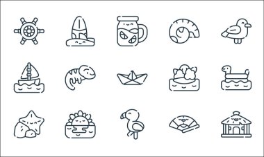 Yaz çizgisi simgeleri. Doğrusal küme. Kabin, flamingo, denizyıldızı, fan, günbatımı, yelkenli, ada, kabuk, sörf gibi kalite vektör çizgisi