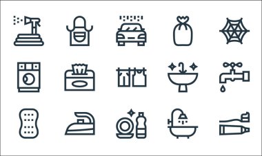 Temizlik çizgisi simgeleri. Doğrusal küme. Diş macunu, yıkama, sünger, duş, ütü, çamaşır makinesi, temizlik, çöp, önlük gibi kalite vektör çizgisi kümesi